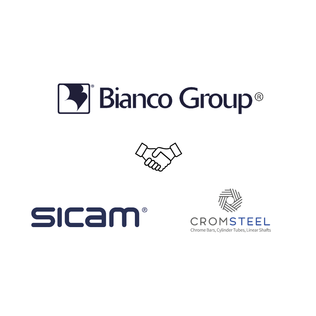 Bianco Group accoglie Cromsteel Italia nel Gruppo: loghi di Bianco Group, SICAM e Cromsteel con simbolo di collaborazione e contatti www.sicamtubi.com e www.cromsteel.it